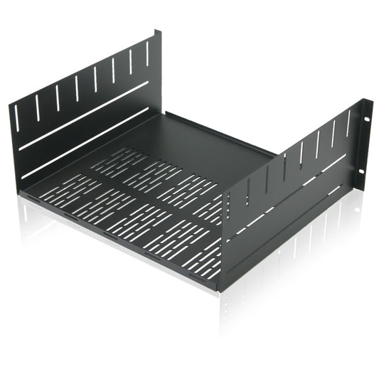 AtlasIED SH4-15 4 RU vented black rack shelf, angled view showing slotted side walls and mounting ears