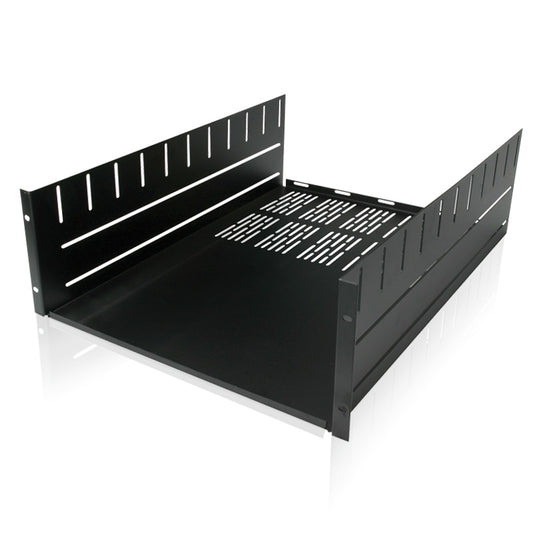 AtlasIED SH4-22 black 4 RU rack shelf, angled view showing vented deck and slotted side rails