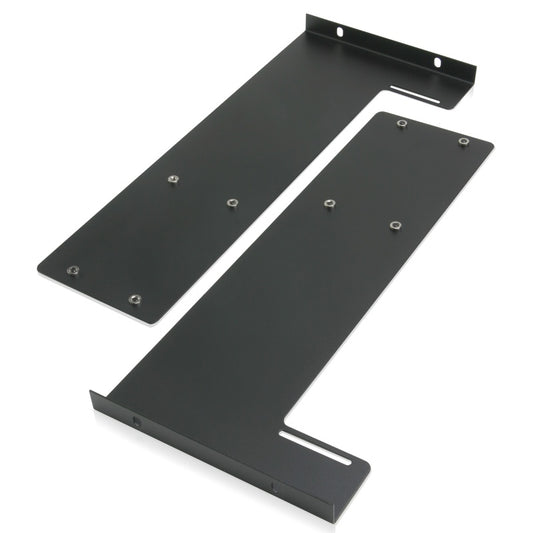AtlasIED SHRSB4 rear rack rail support bracket pair in black steel with slotted mounting holes, angled view
