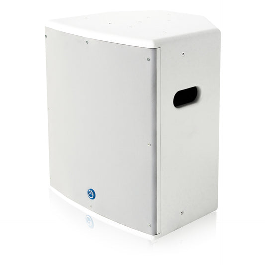 AtlasIED SM12SUB70-W 12" surface mount subwoofer in white, angled view showing grille and side handle