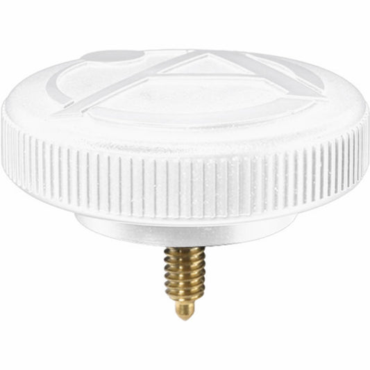 AtlasIED SM42-52KNOB-WH white replacement knob with knurled edge and brass threaded stud, angled view