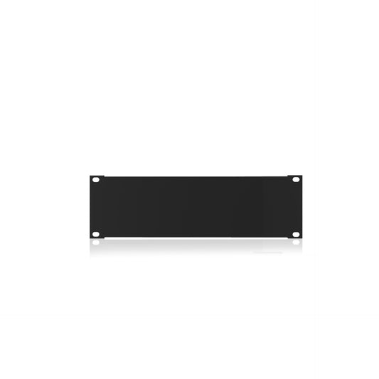AtlasIED SPR2-HR 2 RU half rack recessed rack panel in black, front view with four mounting holes