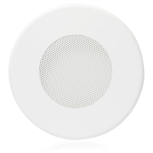 AtlasIED T61-8W 8" round white torsion ceiling baffle with perforated center grille, front view