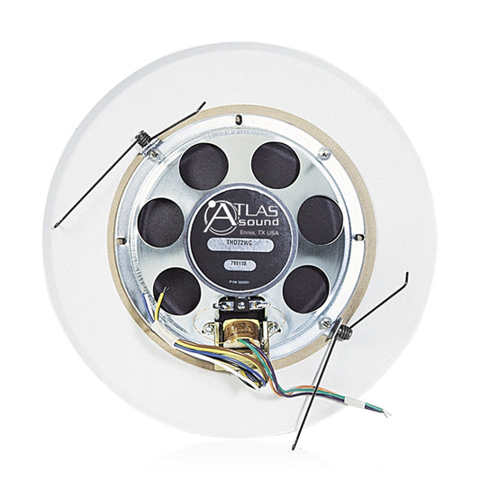AtlasIED THD72WC rear view showing Atlas Sound driver, transformer, color-coded leads, and mounting clips