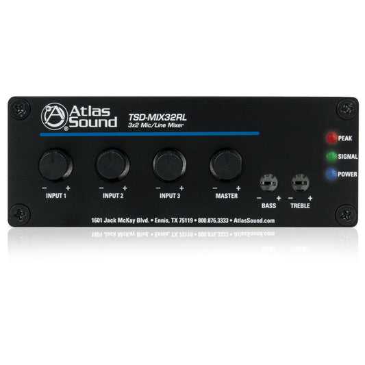 Atlas Sound TSD-MIX32RL 3x2 mixer front panel with input, master knobs, bass and treble trims, LED indicators
