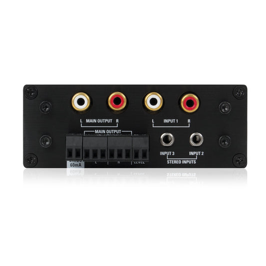 Atlas Sound TSD-MIX32RL rear panel with RCA main output and input jacks, 3.5 mm stereo inputs, terminal blocks
