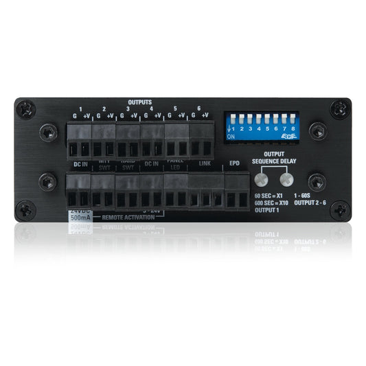 TSD-SEQ6 rear panel detail with six euroblock output terminals, 8-position DIP switch bank and output sequence delay trim pots, AtlasIED