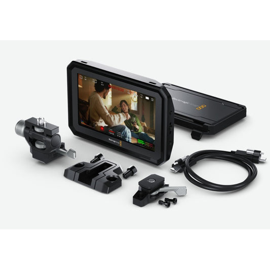 Blackmagic Design PYXIS Monitor 5" HDR touchscreen kit with mounting brackets, clamps, and cable