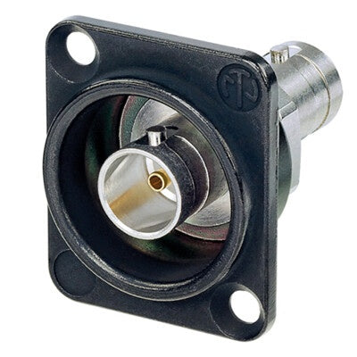 Neutrik NBB75DFGB BNC feedthrough receptacle in black D-shape panel mount, angled front view