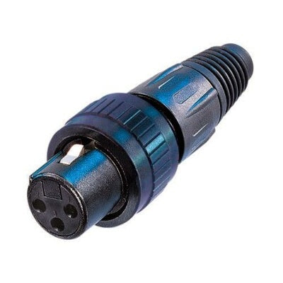 Neutrik NC3FX-SPEC 3-pole female XLR cable connector in black with silver contacts, angled front view