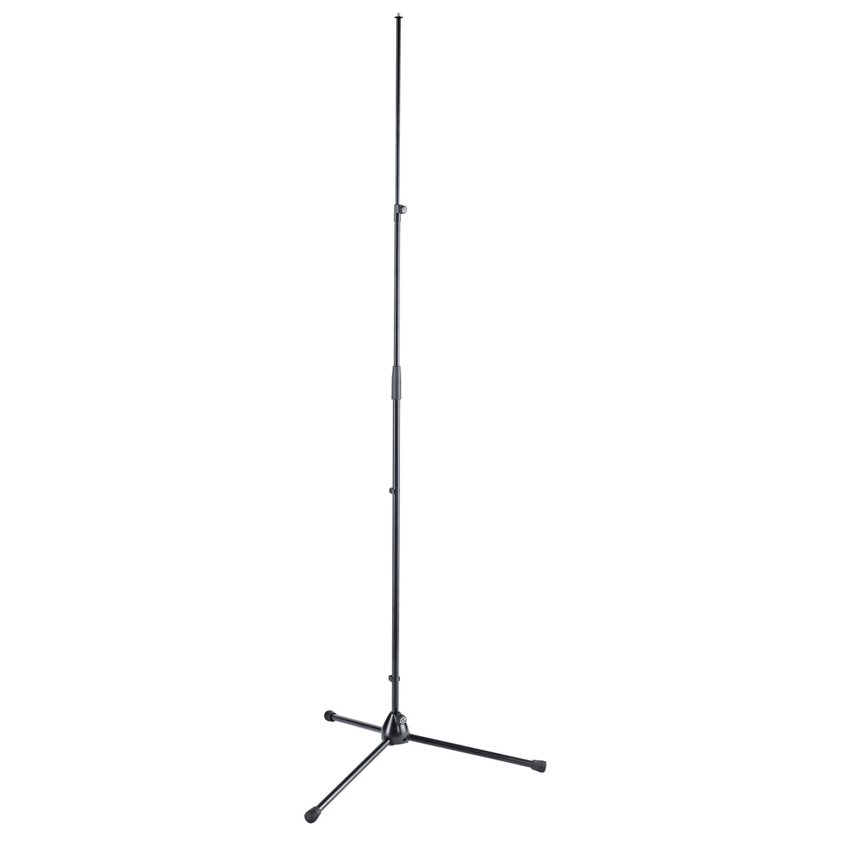 20150 Extra-High XL tripod microphone stand full front view in black with telescoping tube extended and folding tripod legs with rubber feet, K&M
