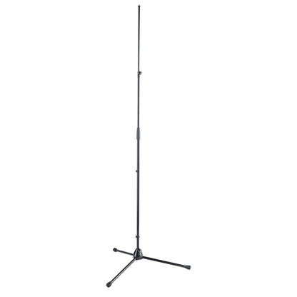 20150 Extra-High XL tripod microphone stand full front view in black with telescoping tube extended and folding tripod legs with rubber feet, K&M