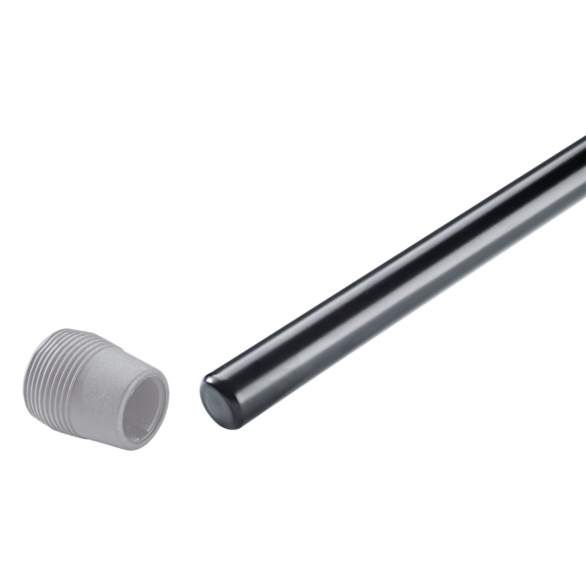 20150 Extra-High XL tripod microphone stand close-up detail of black upper tube end beside separate grey threaded plastic tip, K&M