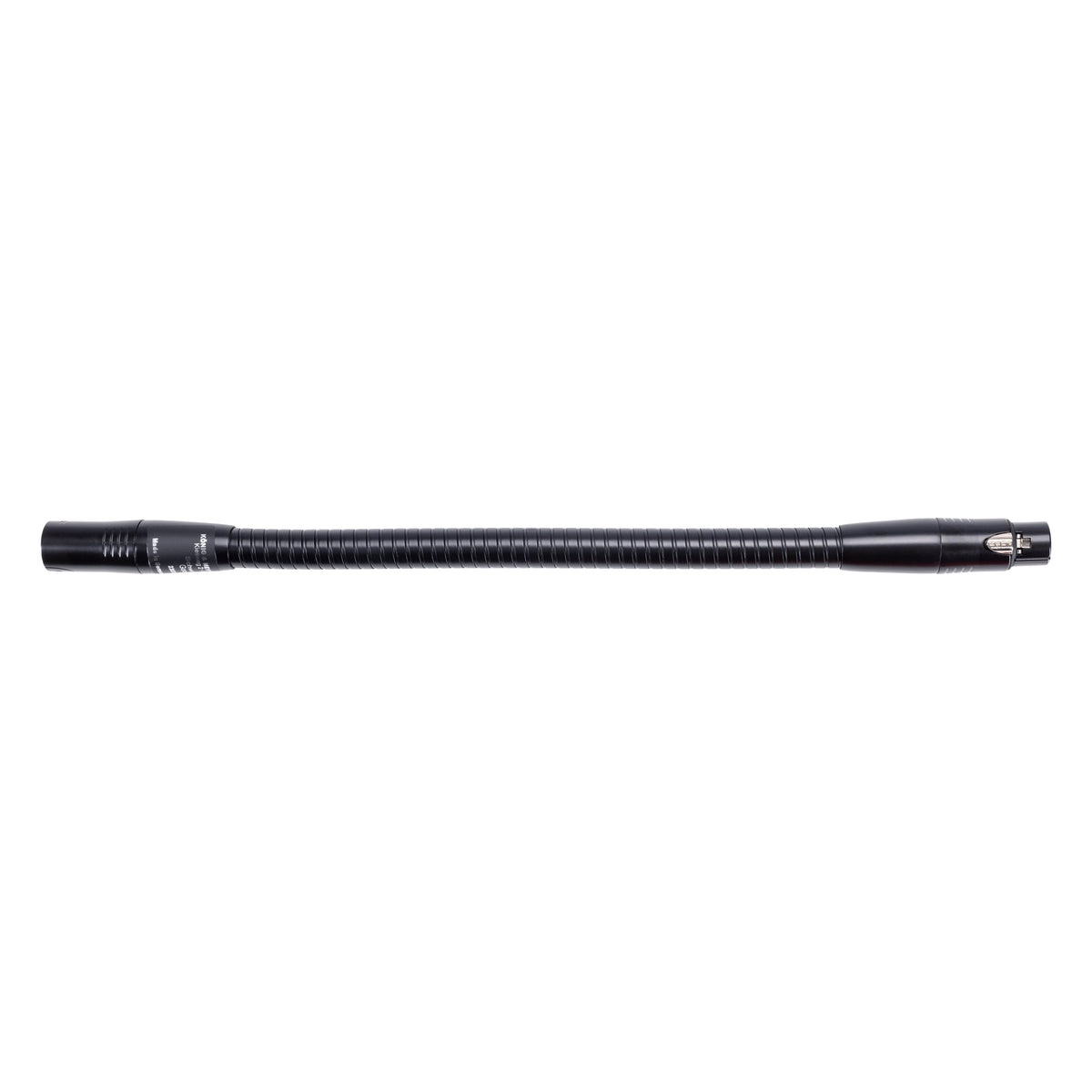 23035 flexible gooseneck side view with male XLR connector on the left and female XLR connector with latch on the right, black ribbed flexible tube, K&M