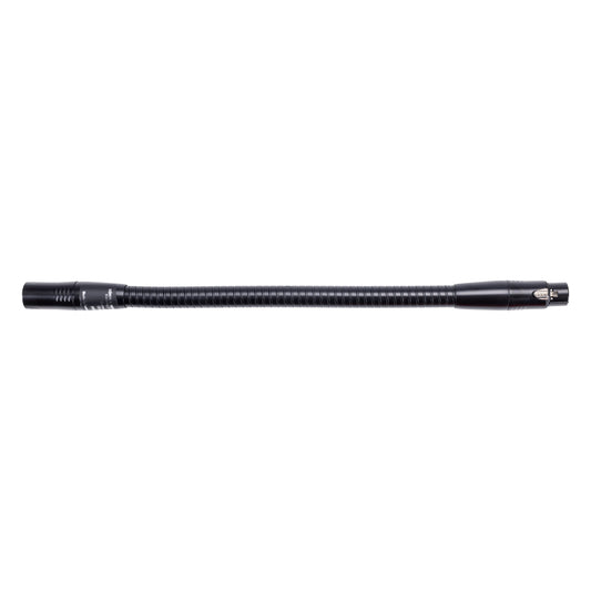 23035 flexible gooseneck side view with male XLR connector on the left and female XLR connector with latch on the right, black ribbed flexible tube, K&M