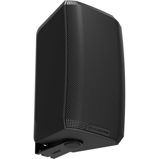 AtlasIED FS-6T-B loudspeaker angled view showing tapered black cabinet and wall mount bracket