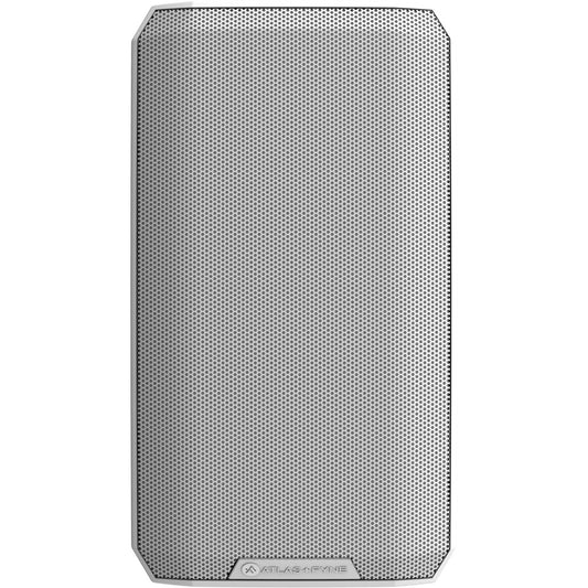 AtlasIED FS-6T-W surface mount loudspeaker front view with white perforated grille and Atlas+Fyne badge
