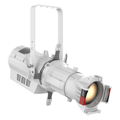 Ovation E-260WW white ellipsoidal fixture, right-angle three-quarter view with 26° lens tube and warm white glow, Chauvet Pro
