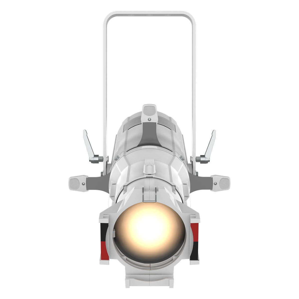 Ovation E-260WW white ellipsoidal fixture, front view showing illuminated warm white lens, yoke and shutter-barrel red markings, Chauvet Pro