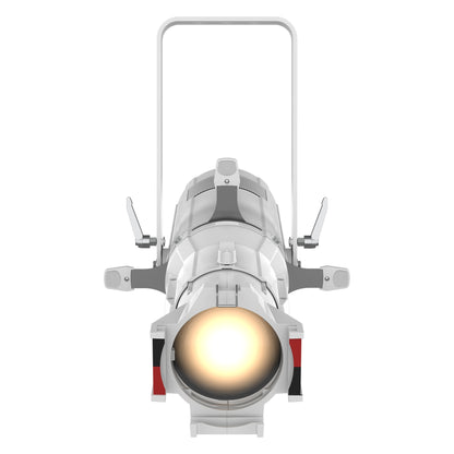 Ovation E-260WW white ellipsoidal fixture, front view showing illuminated warm white lens, yoke and shutter-barrel red markings, Chauvet Pro