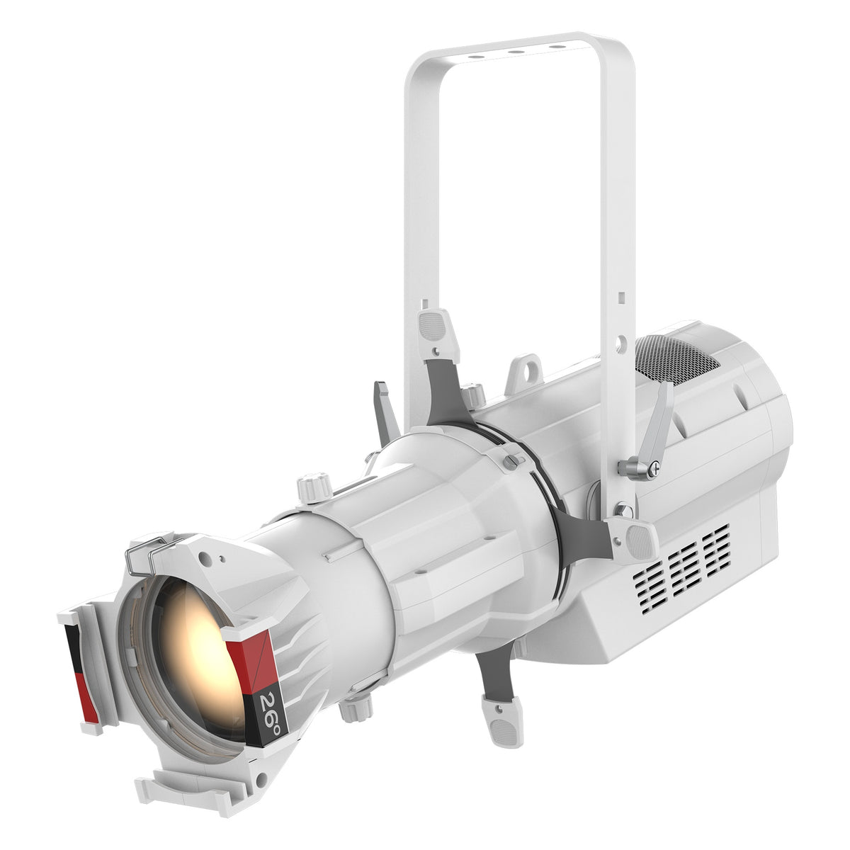 Ovation E-260WW white ellipsoidal fixture, left-angle three-quarter view showing 26° lens tube, yoke and vented housing, Chauvet Pro