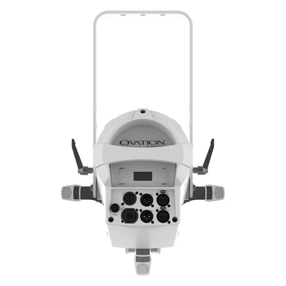 Ovation E-260WW white ellipsoidal fixture, rear panel showing display, menu buttons, power and DMX XLR connectors, Chauvet Pro