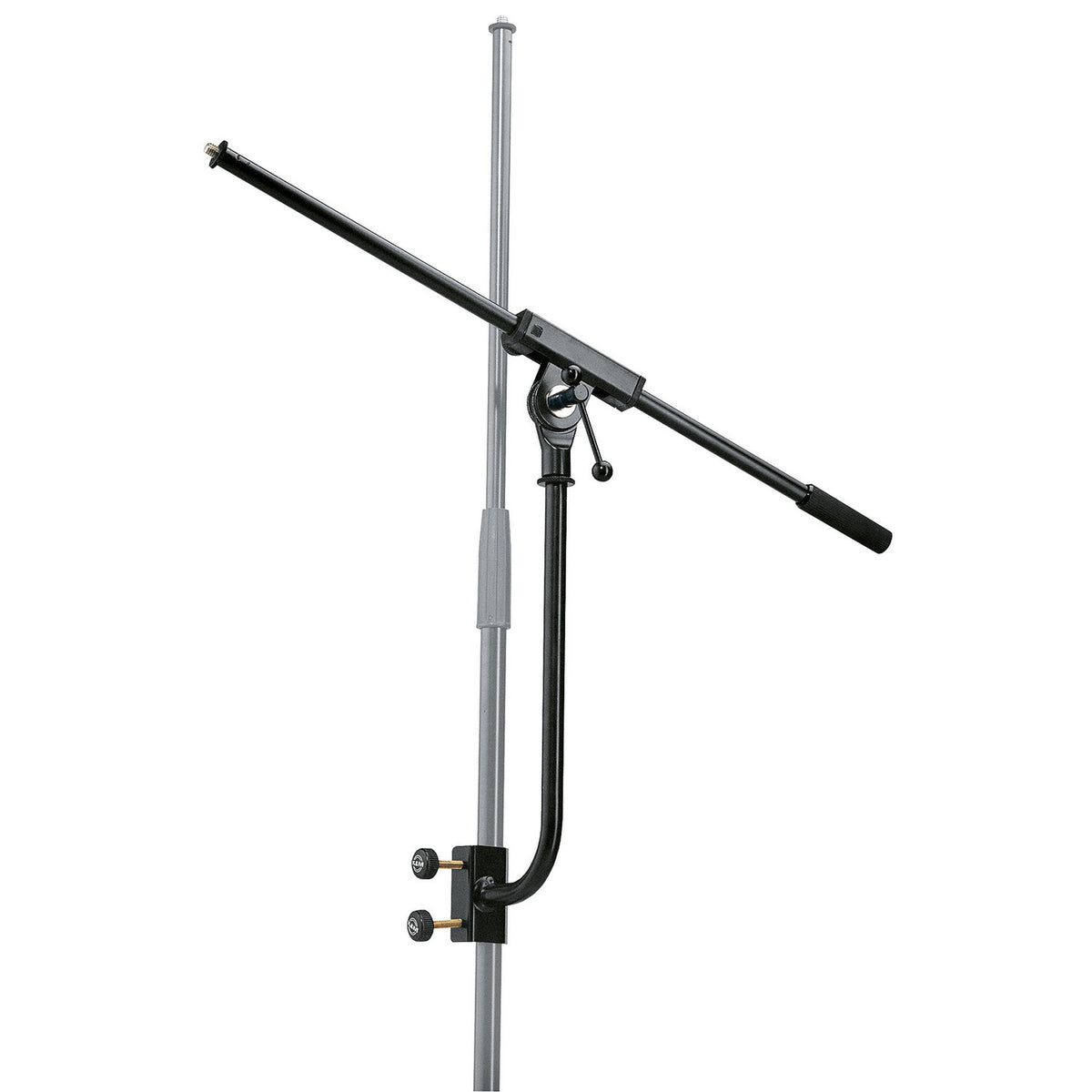 24010.514.55 mic boom arm full view clamped to a grey stand pole, showing the angled telescoping boom, side lever and two-screw clamp, K&M