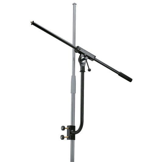 24010.514.55 mic boom arm full view clamped to a grey stand pole, showing the angled telescoping boom, side lever and two-screw clamp, K&M
