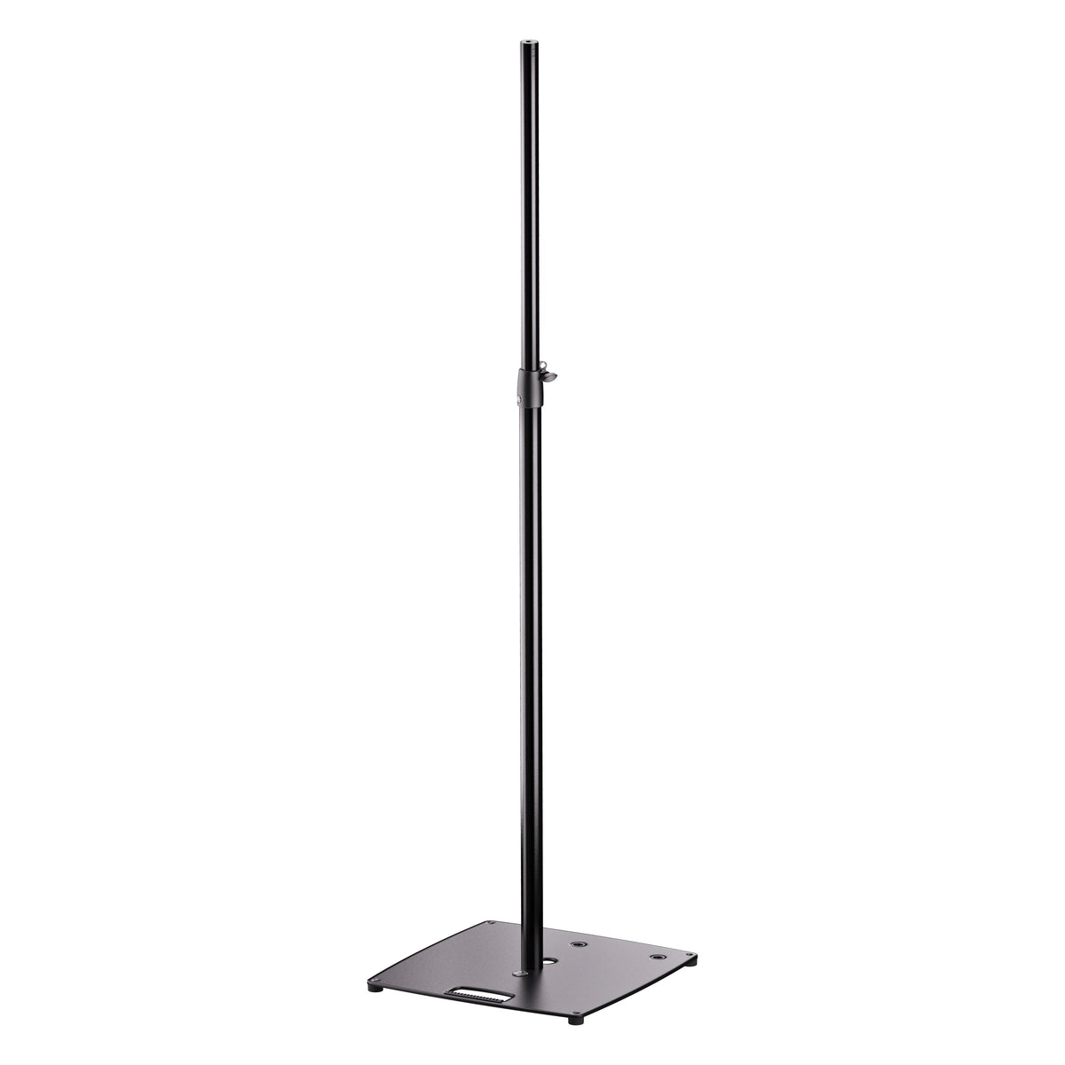 24653 flat base lighting and speaker stand full front view with black square steel base and clamp-locked telescopic pole, K&M
