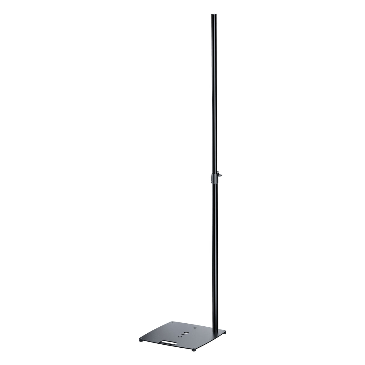 24653 flat base lighting and speaker stand angled full view showing extended pole, height clamp and base hand slot, K&M