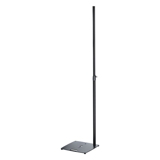 24653 flat base lighting and speaker stand angled full view showing extended pole, height clamp and base hand slot, K&M