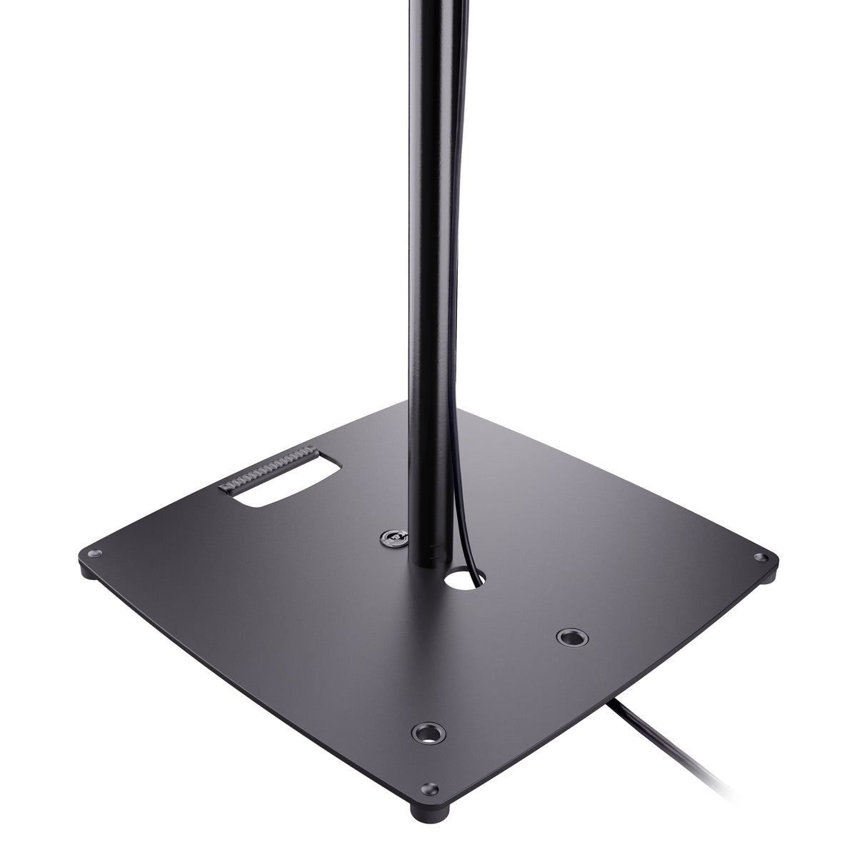 24653 stand base detail showing hand grip slot, cable routing opening, mounting holes and rubber feet with cable running out, K&M