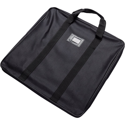 246 Series base plate carrying case, 489 x 489 mm, angled top view showing black nylon body, webbing carry handle and clear ID label window, K&M