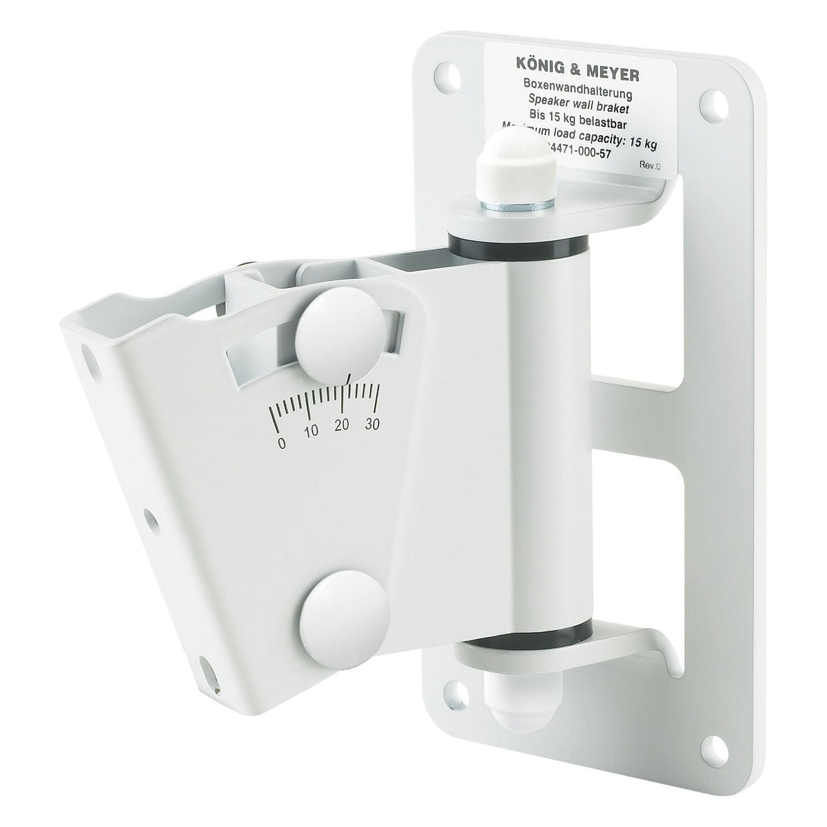 24471 speaker wall mount front three-quarter view in white with 0-30 degree tilt scale, two locking knobs and König & Meyer 15 kg load label, K&M