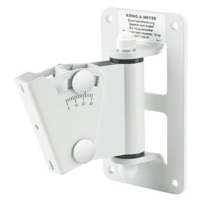 24471 speaker wall mount front three-quarter view in white with 0-30 degree tilt scale, two locking knobs and König & Meyer 15 kg load label, K&M