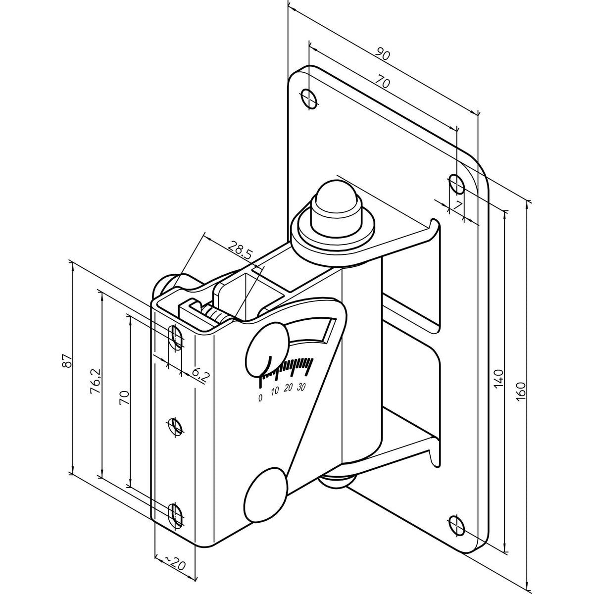 24471 speaker wall mount dimensioned technical line drawing showing 70 x 140 mm wall plate hole spacing, 160 mm height and 70 mm bracket hole pattern, K&M