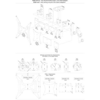 24471 speaker wall mount compatibility diagram of K&M wall and ceiling mounts with VESA adapter plates AP1-AP6 and hole patterns, K&M
