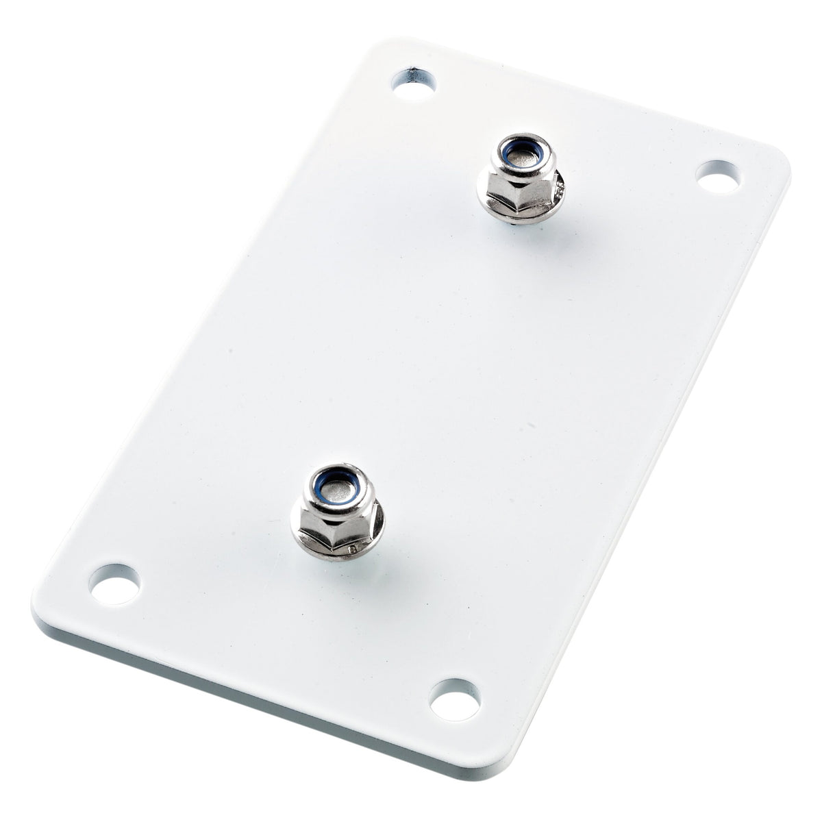 KM 24356.000.57 white wall mounting plate angled view showing two chrome hex lock nuts and four corner screw holes, K&M
