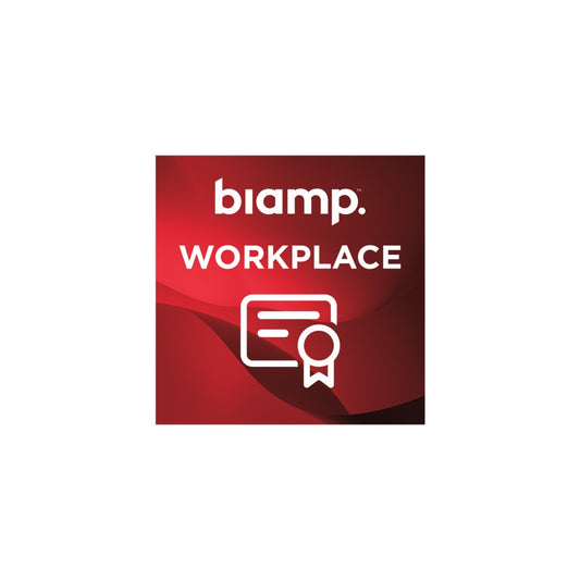 Biamp Workplace license badge graphic with certificate icon on red background
