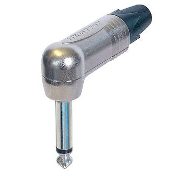 Neutrik NP2RX right angle 1/4" phone plug with nickel housing and black cable boot