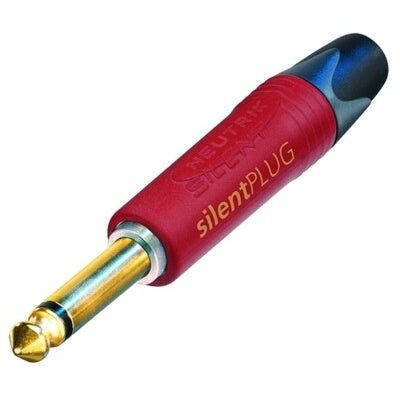 Neutrik NP2XX-SILENT silentPLUG 1/4" mono plug with gold-plated tip and red housing, angled view