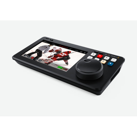 Blackmagic Design HyperDeck Shuttle 4K Pro angled view showing touchscreen, search dial, and transport buttons