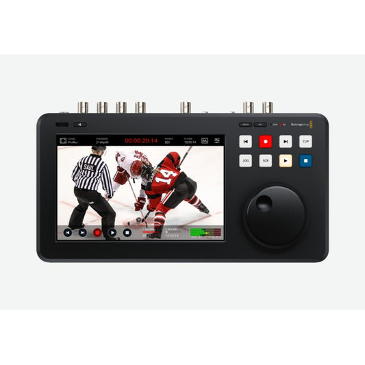 Blackmagic Design HyperDeck Shuttle 4K Pro front panel with touchscreen, transport keys, and jog dial