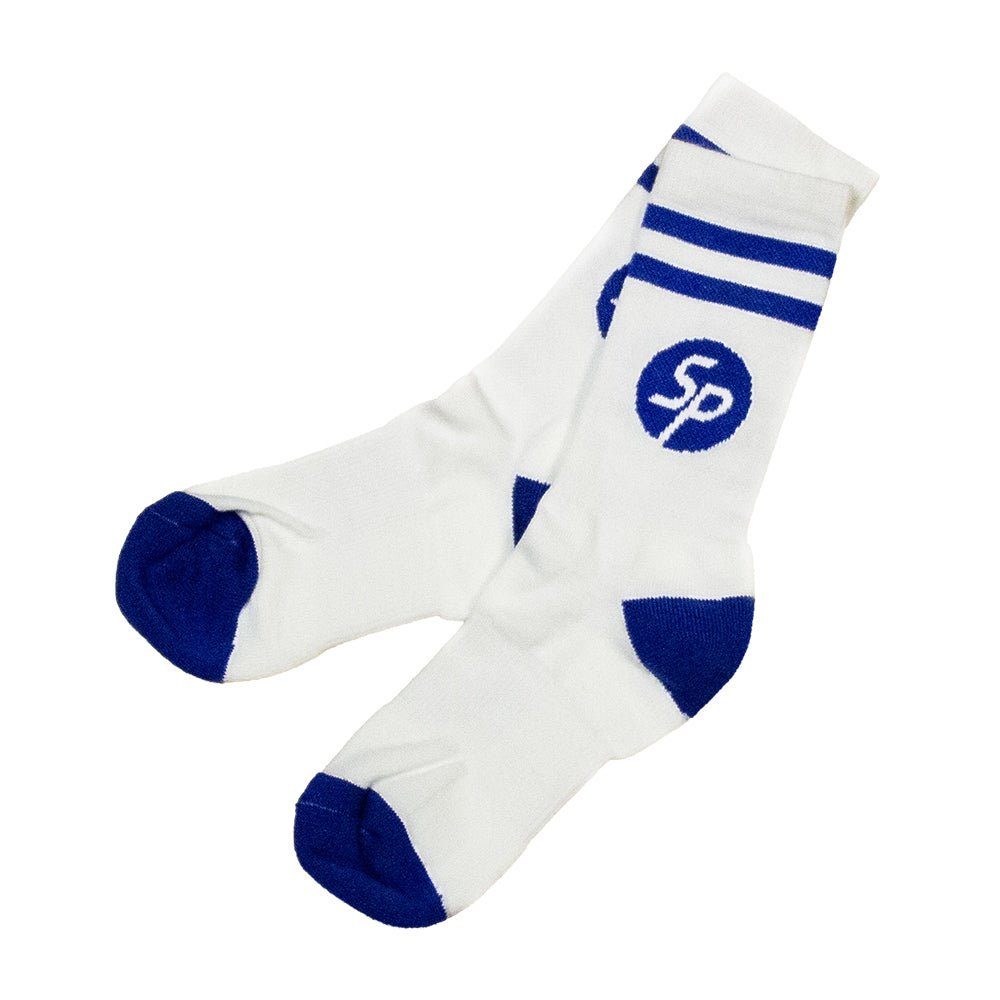 White socks, pair, blue stripe SoundPro logo