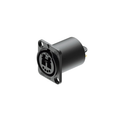 Neutrik NO2-4FDW-A opticalCON DUO fiber chassis connector, angled view showing black D-shape flange and rear barrel
