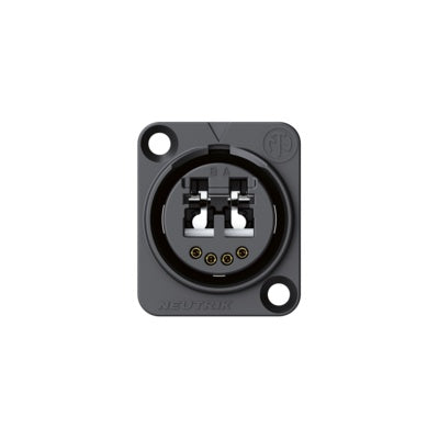 Neutrik NO2-4FDW-A opticalCON DUO chassis connector front face with dual fiber contacts and mounting holes