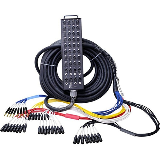ProCo Sound RoadMaster stage snake with coiled cable, XLR stage box, and fanned XLR and TRS tails