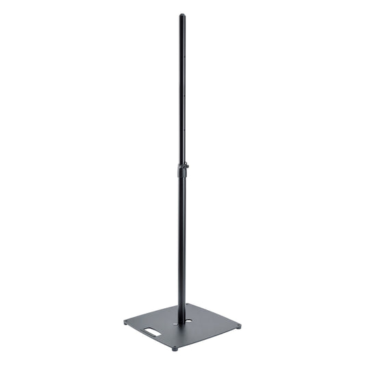 26732 flat plate speaker stand full front view with black square base, carry handle cutout and clamp-locked telescopic pole, K&M