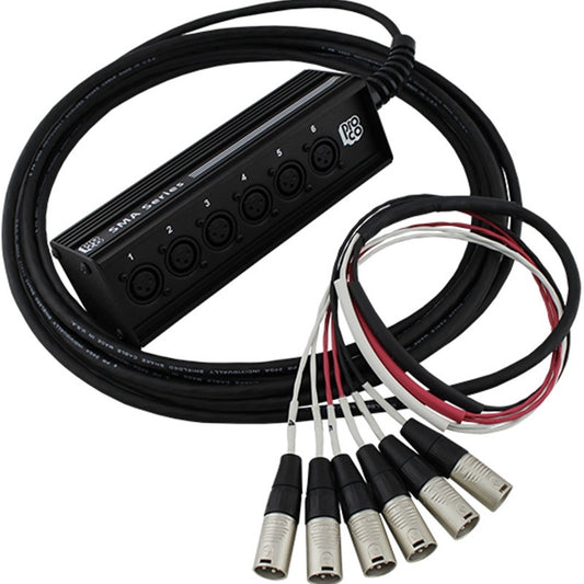 ProCo Sound SMAST 6-channel drop snake with numbered XLR stage box and six male XLR fan-out tails