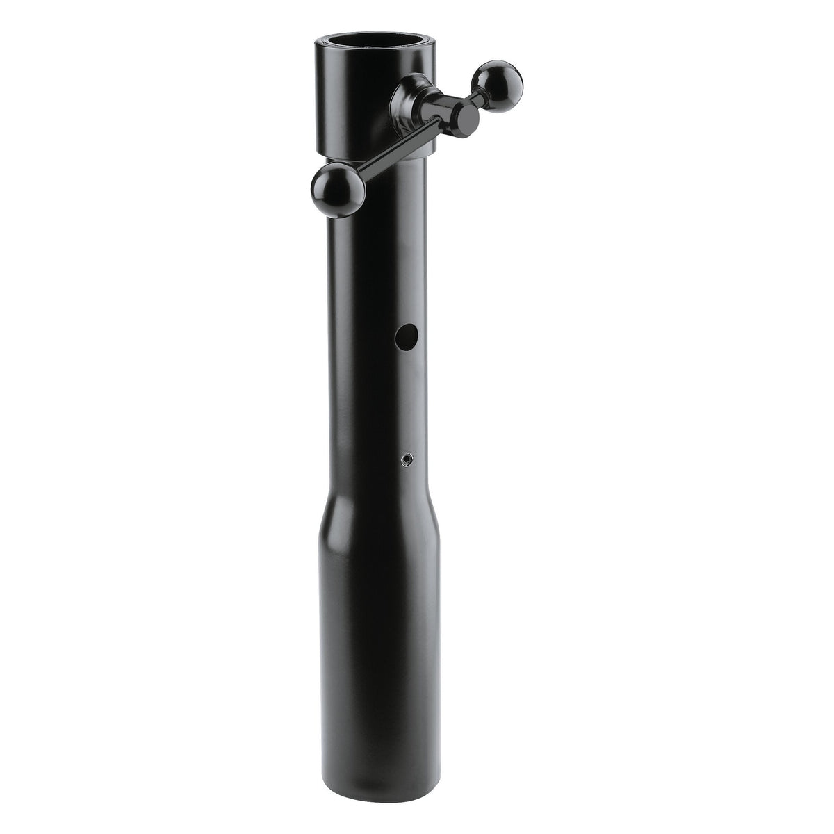 66350 connection sleeve for speaker stands, front view showing black tubular body with ball-ended clamping handle and pin hole, K&M